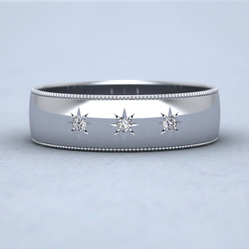 Millgrained Edge And Three Star Diamond Set 9ct White Gold 6mm Wedding Ring Down View