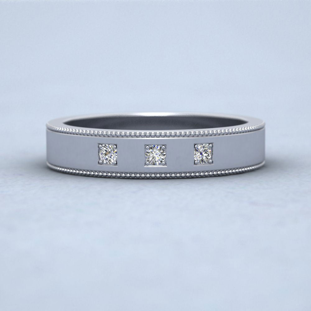 Three Diamonds With Square Setting 18ct White Gold 4mm Wedding Ring With Millgrain Edge Down View