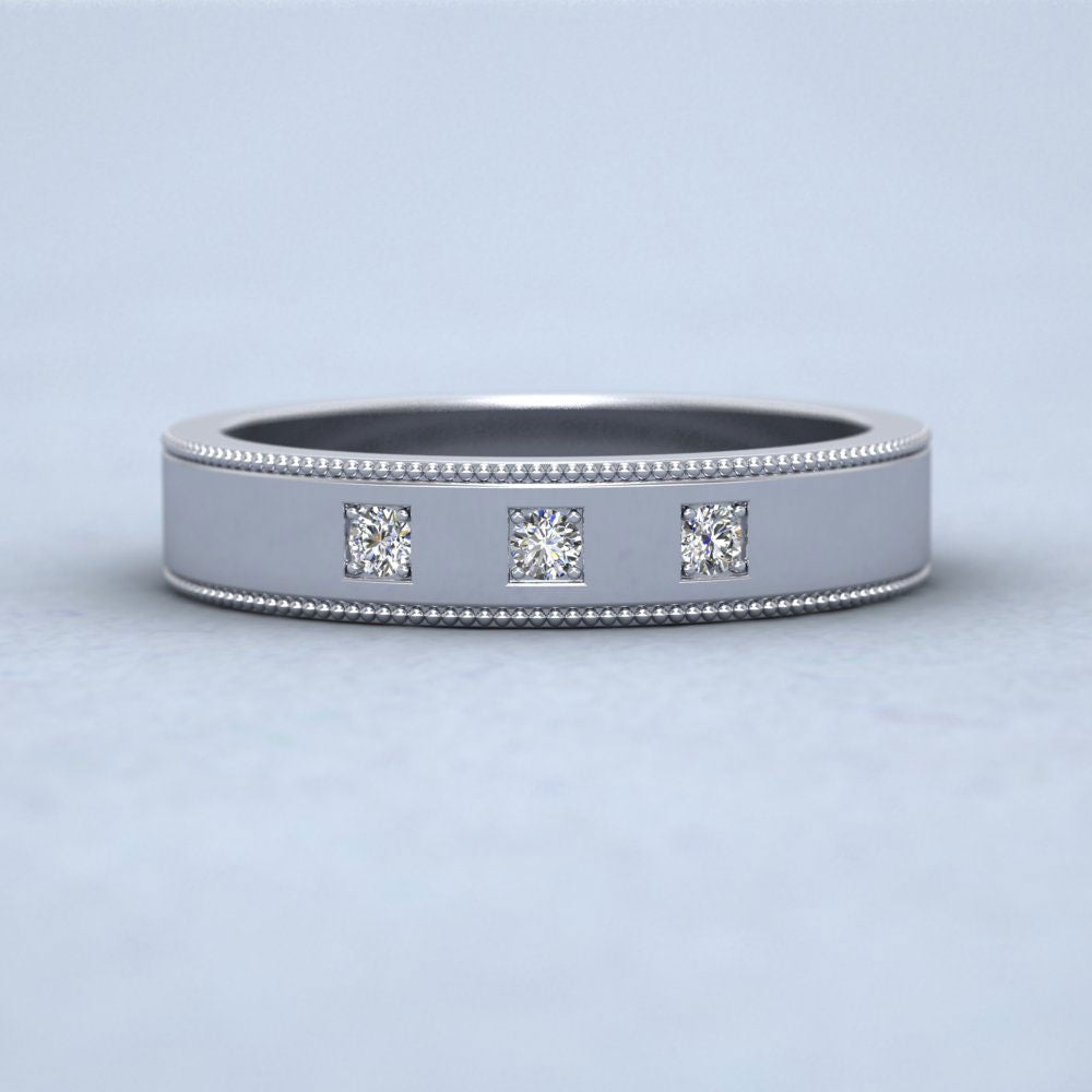 Three Diamonds With Square Setting 500 Palladium 4mm Wedding Ring With Millgrain Edge Down View