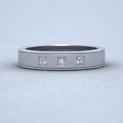 Three Diamonds With Square Setting 500 Palladium 4mm Wedding Ring With Millgrain Edge Down View