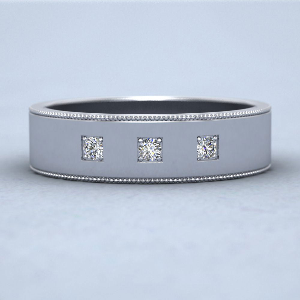 Three Diamonds With Square Setting 9ct White Gold 6mm Wedding Ring With Millgrain Edge Down View