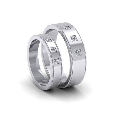 Three Diamonds With Square Setting 18ct White Gold 6mm Wedding Ring With Millgrain Edge