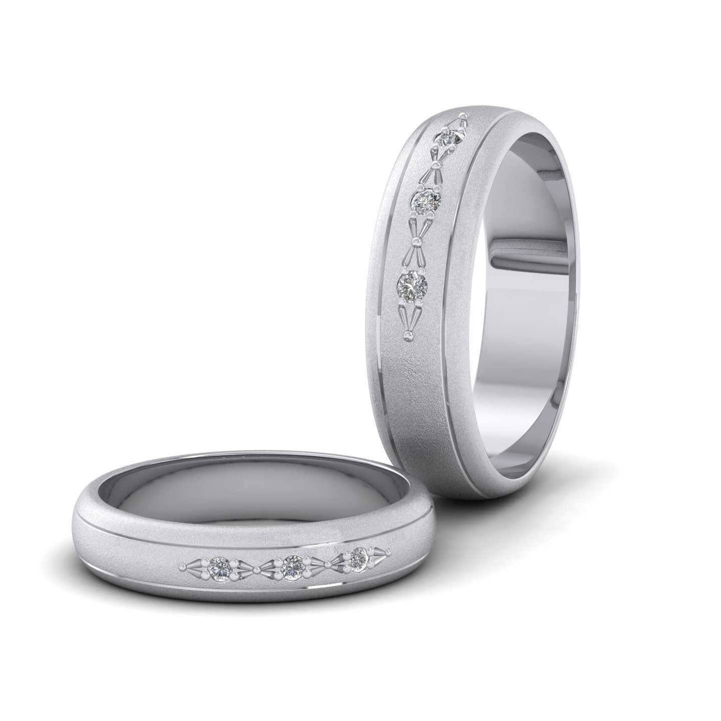 Three Diamond Set 14ct White Gold 4mm Wedding Ring With Lines