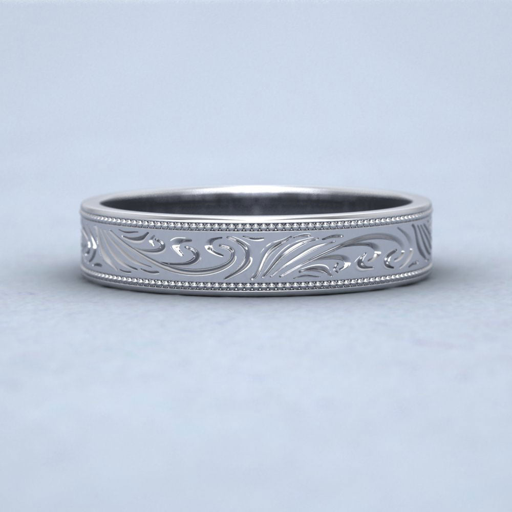 Engraved 500 Palladium 4mm Flat Wedding Ring With Millgrain Edge
