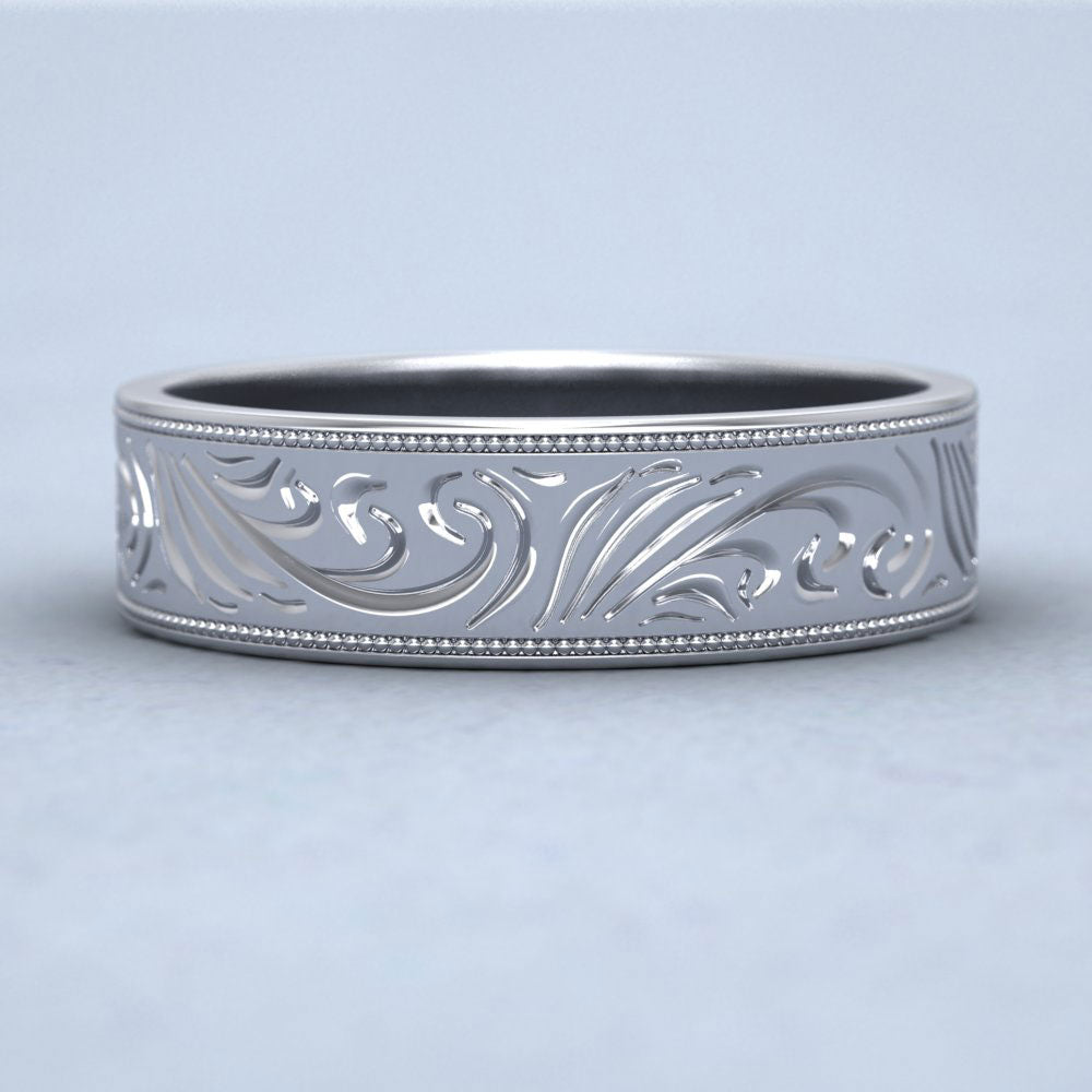 Engraved 18ct White Gold 6mm Flat Wedding Ring With Millgrain Edge