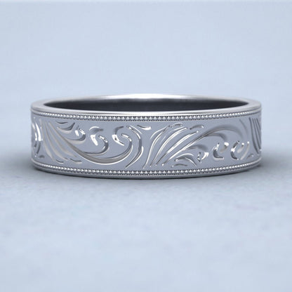 Engraved 18ct White Gold 6mm Flat Wedding Ring With Millgrain Edge