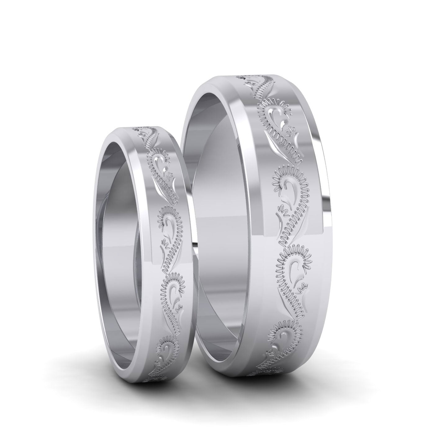 Engraved 9ct White Gold 6mm Flat Wedding Ring With Bevelled Edge