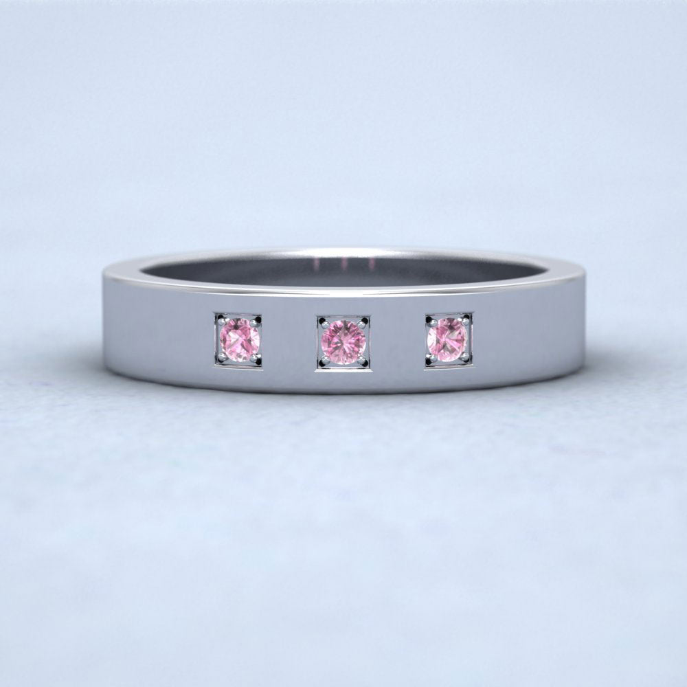 Three Pink Sapphires With Square Setting 9ct White Gold 4mm Wedding Ring Down View