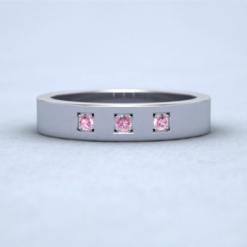 Three Pink Sapphires With Square Setting 14ct White Gold 4mm Wedding Ring Down View