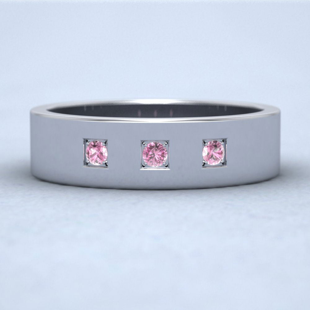Three Pink Sapphires With Square Setting 9ct White Gold 6mm Wedding Ring Down View