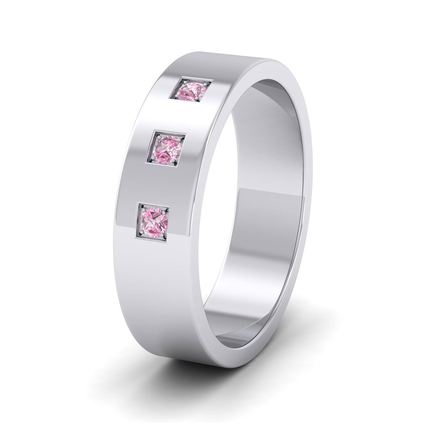 Three Pink Sapphires With Square Setting 14ct White Gold 6mm Wedding Ring
