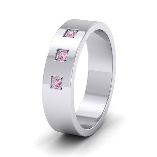 Three Pink Sapphires With Square Setting 18ct White Gold 6mm Wedding Ring