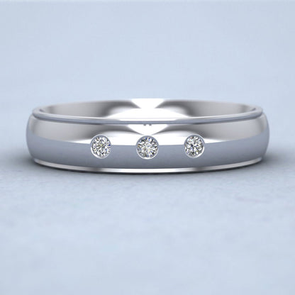 Line Pattern And Three Diamond Set 9ct White Gold 5mm Wedding Ring Down View