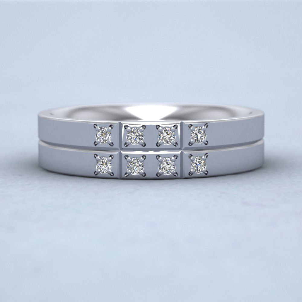 Cross Line Patterned And Diamond Set 14ct White Gold 5mm Flat Comfort Fit Wedding Ring Down View