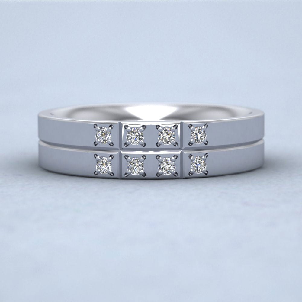 Cross Line Patterned And Diamond Set 18ct White Gold 5mm Flat Comfort Fit Wedding Ring Down View
