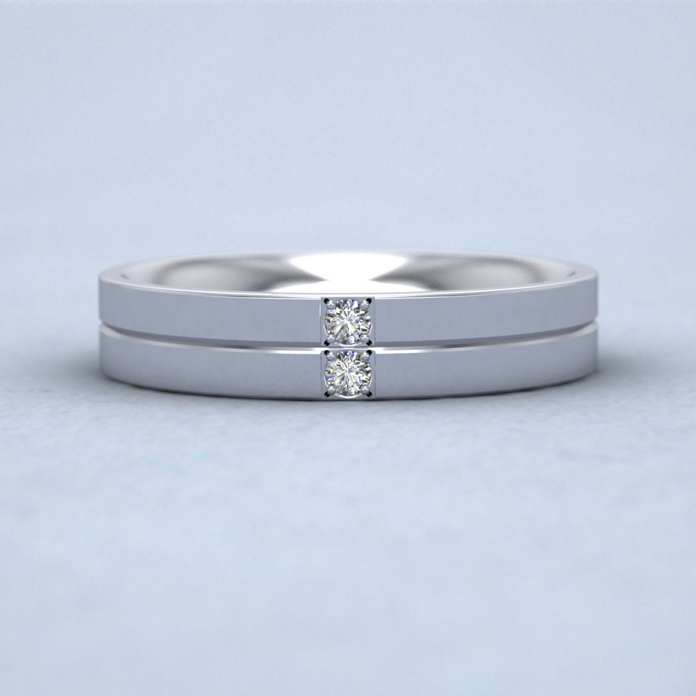 Two Diamond And Line Pattern 14ct White Gold 4mm Wedding Ring