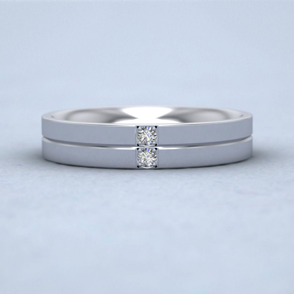 Two Diamond And Line Pattern 18ct White Gold 4mm Wedding Ring