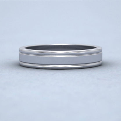 Rounded Edge Grooved Pattern Flat 9ct White Gold 4mm Flat Wedding Ring