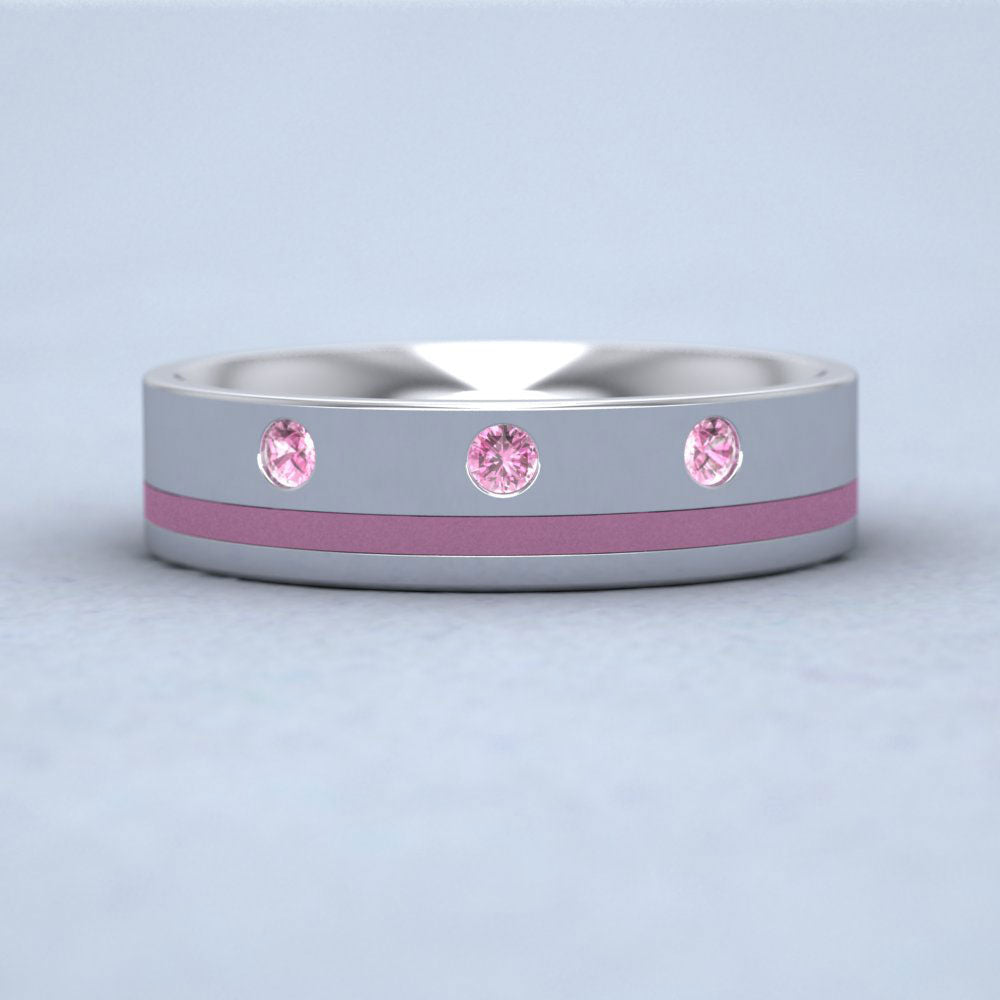 9ct White Gold 5mm Flat Court Shape Enamel And Three Stone Pink Sapphire Wedding Ring