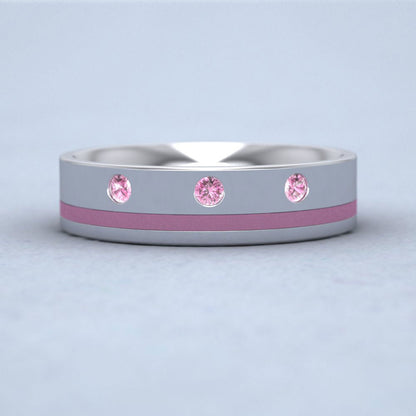 9ct White Gold 5mm Flat Court Shape Enamel And Three Stone Pink Sapphire Wedding Ring