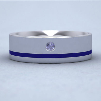 18ct White Gold 7mm Flat Court Shape Enamel And Single Stone Blue Sapphire Wedding Ring