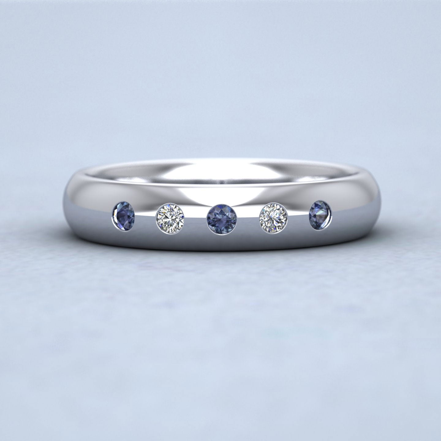 Blue Sapphire And Diamond Flush Set 14ct White Gold 4mm Wedding Ring