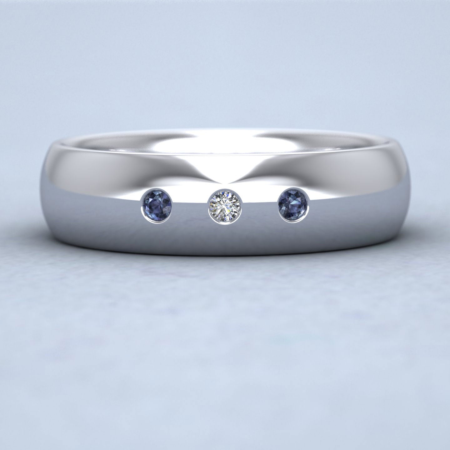 Blue Sapphire And Diamond Flush Set 14ct White Gold 6mm Wedding Ring