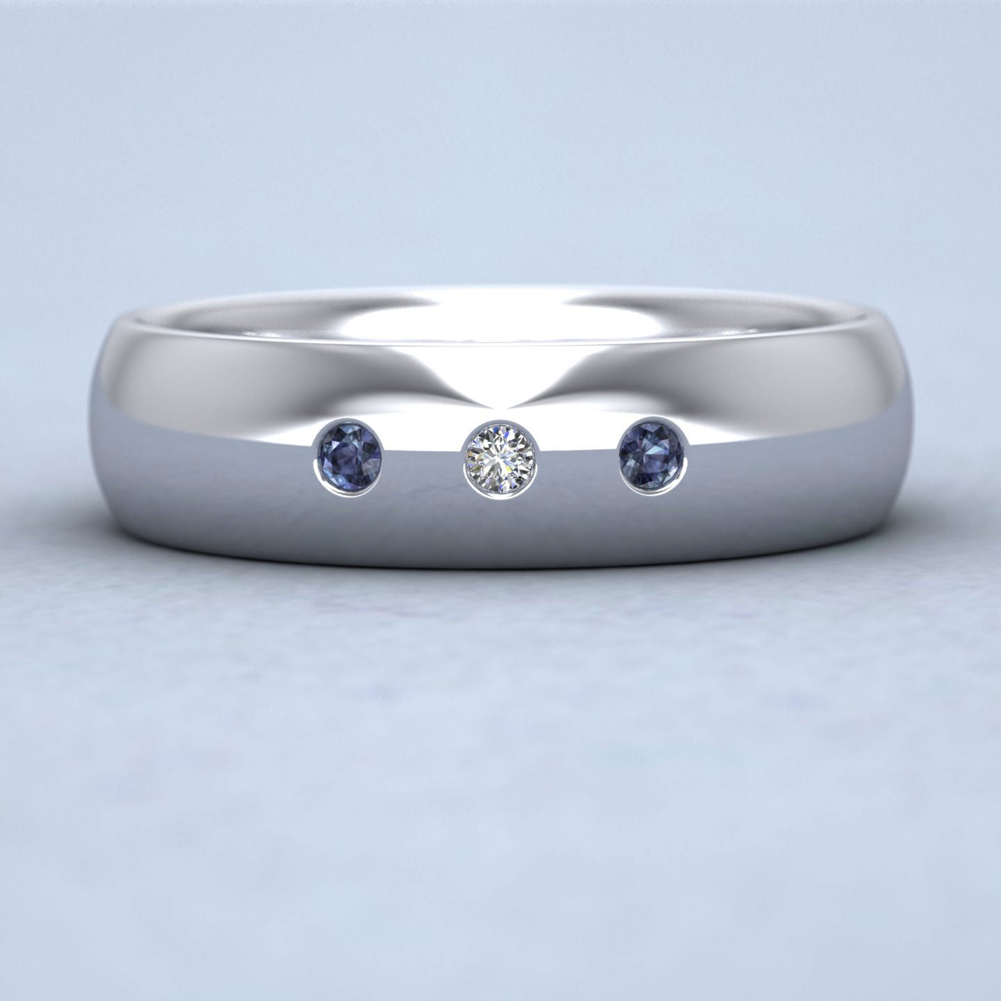 Blue Sapphire And Diamond Flush Set 9ct White Gold 6mm Wedding Ring