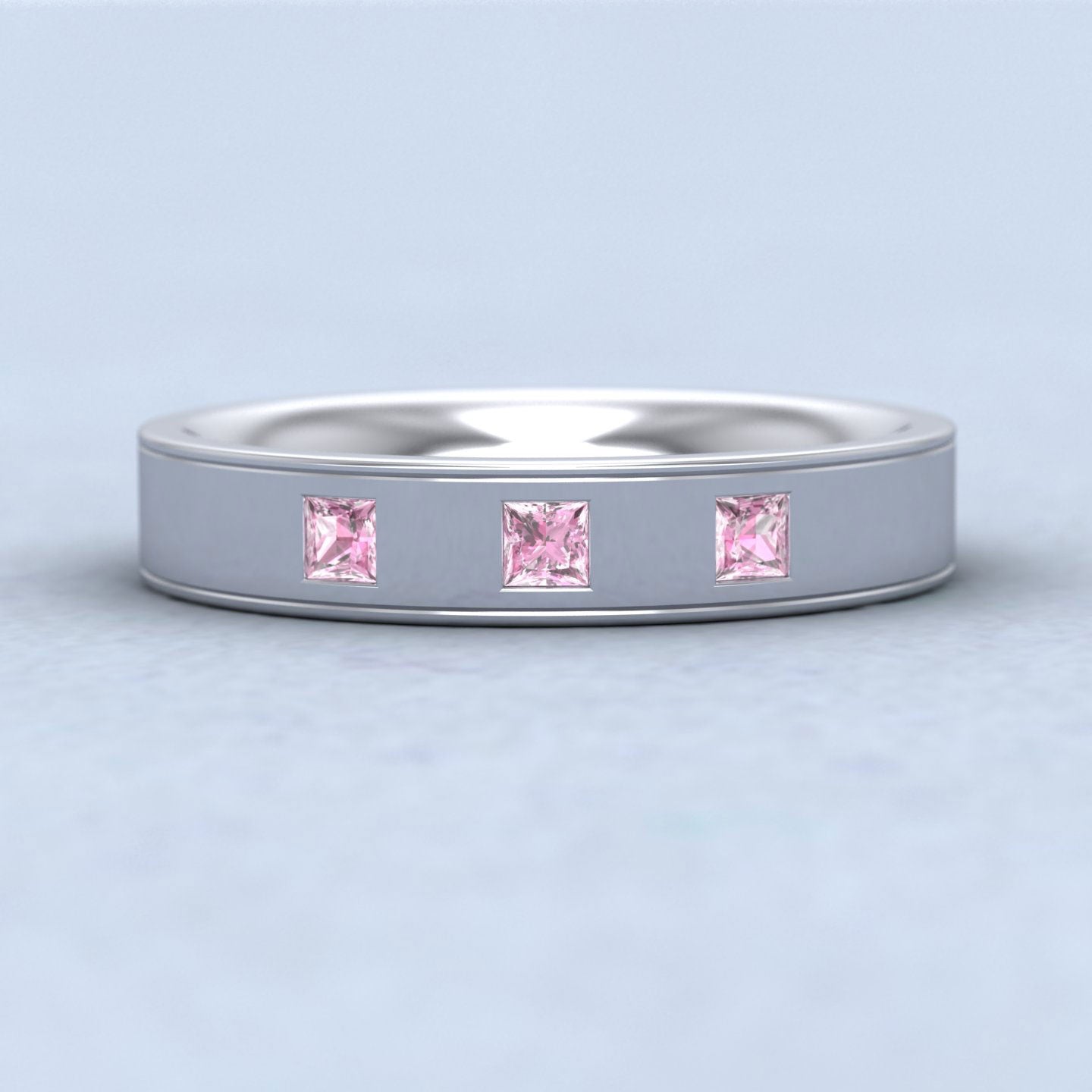 Princess Cut Pink Sapphire And Line Patterned 14ct White Gold 4mm Wedding Ring