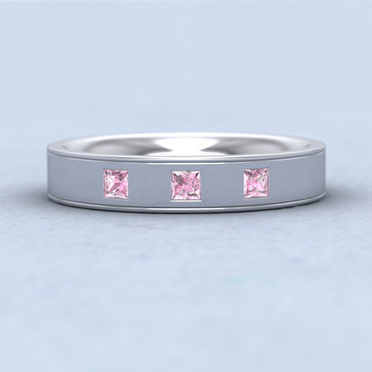 Princess Cut Pink Sapphire And Line Patterned 950 Platinum 4mm Wedding Ring