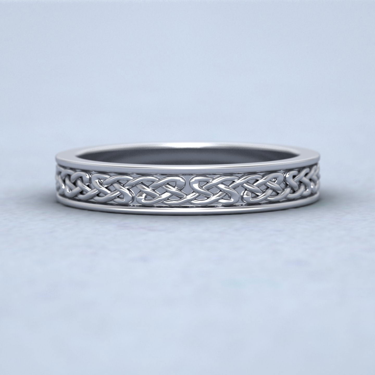 Celtic Pattern With Edge Flat 9ct White Gold 4mm Wedding Ring