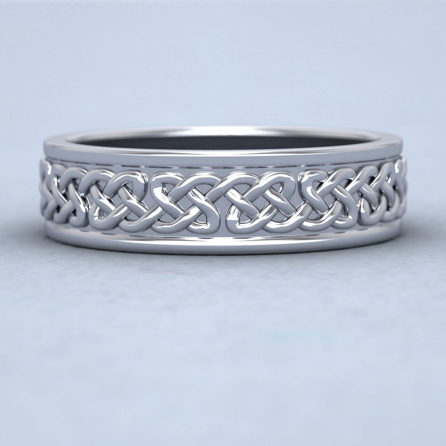 Celtic Pattern With Edge Flat 14ct White Gold 6mm Wedding Ring