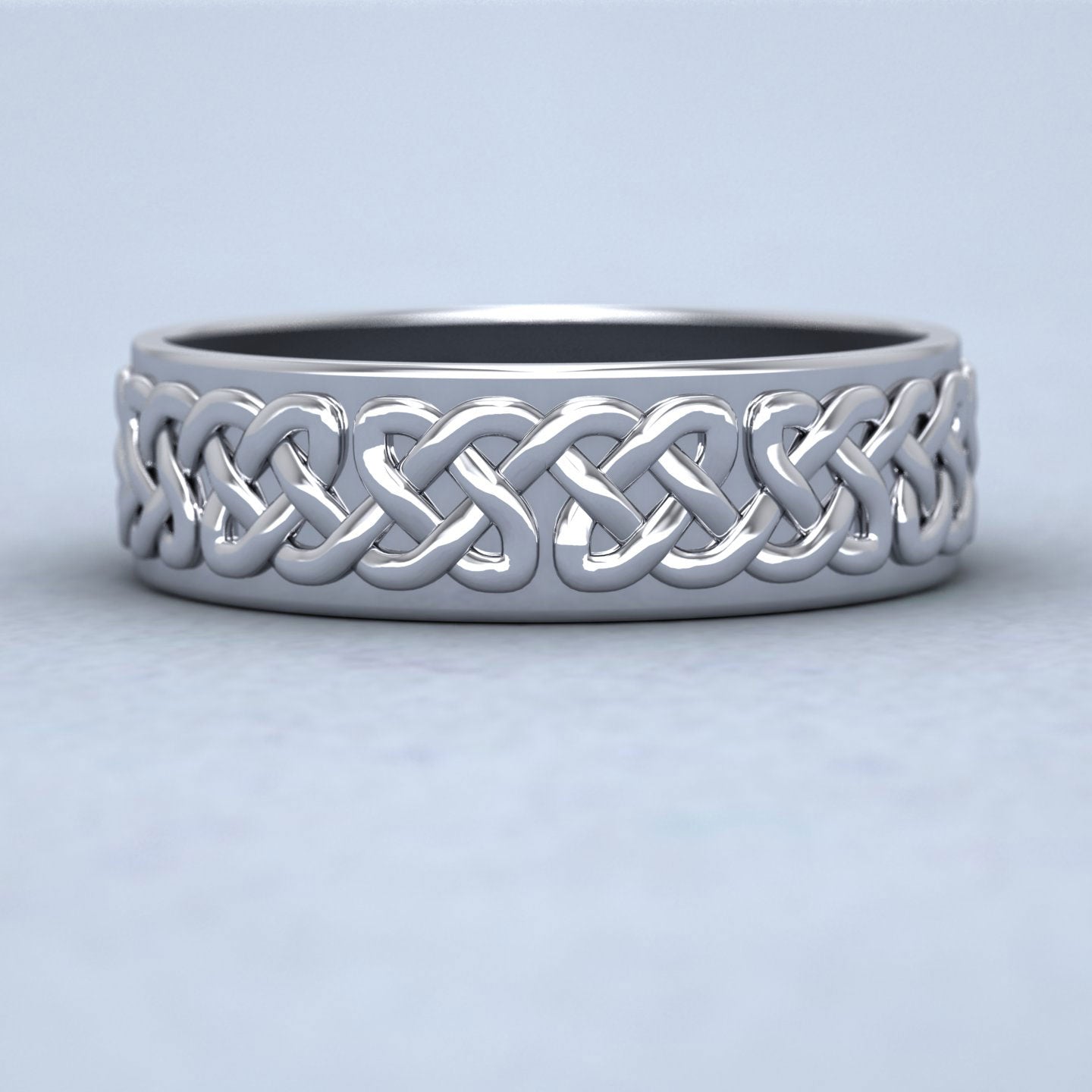 Celtic Patterned Flat 14ct White Gold 6mm Wedding Ring