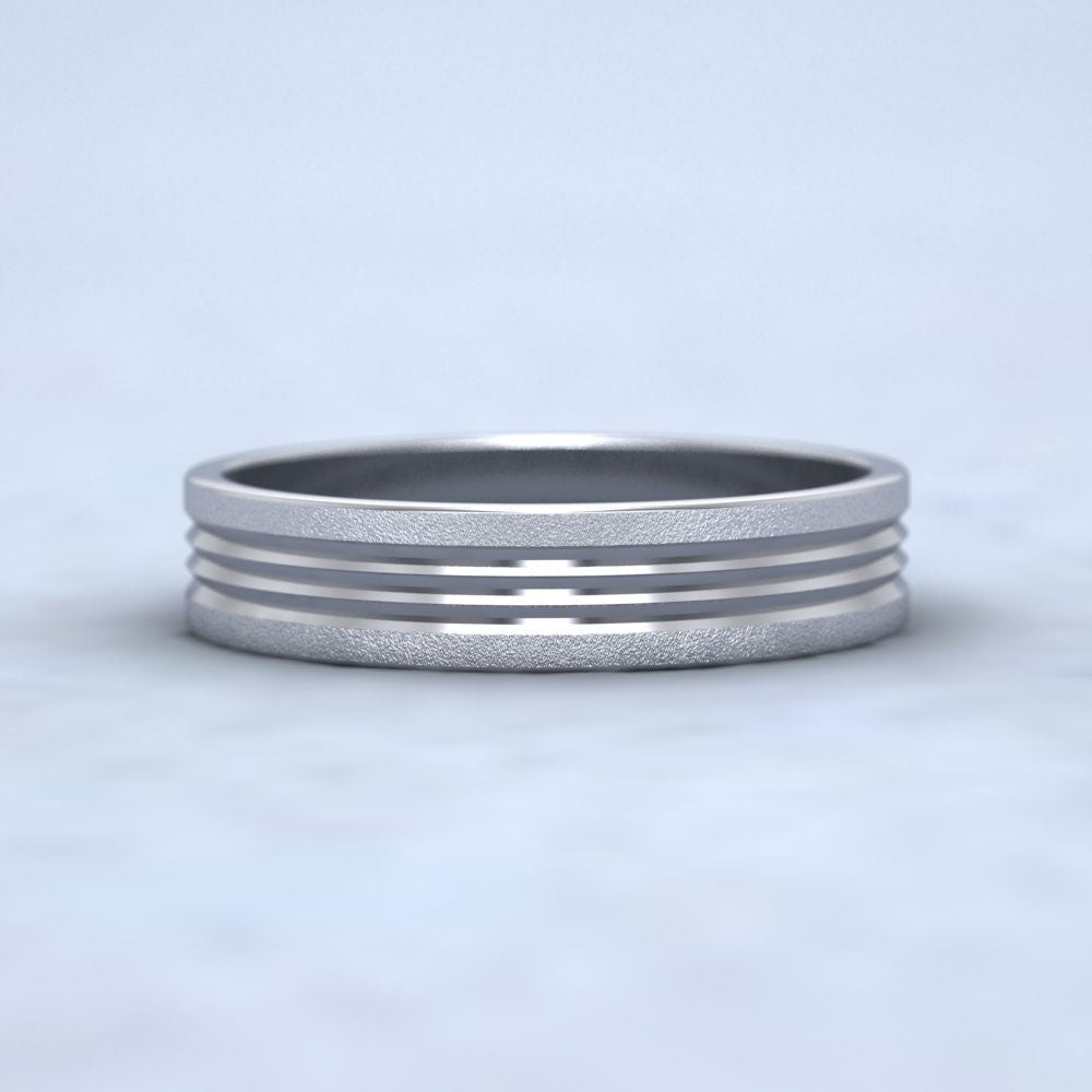 Grooved Pattern 14ct White Gold 4mm Flat Wedding Ring