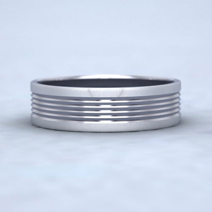 Grooved Pattern 14ct White Gold 6mm Flat Wedding Ring