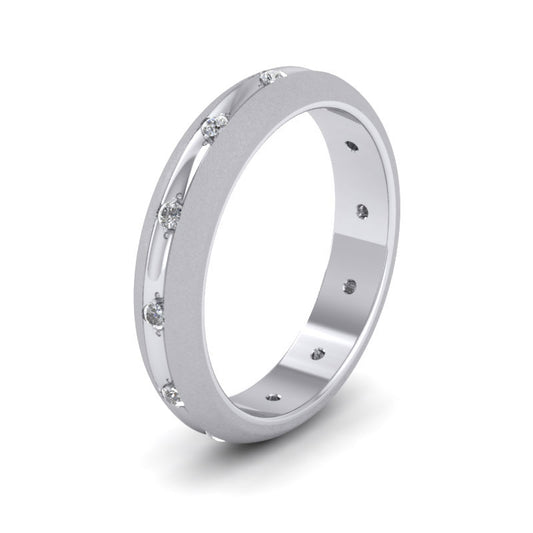 Wedding Ring With Concave Groove Set With Twelve Diamonds 4mm Wide In 9ct White Gold