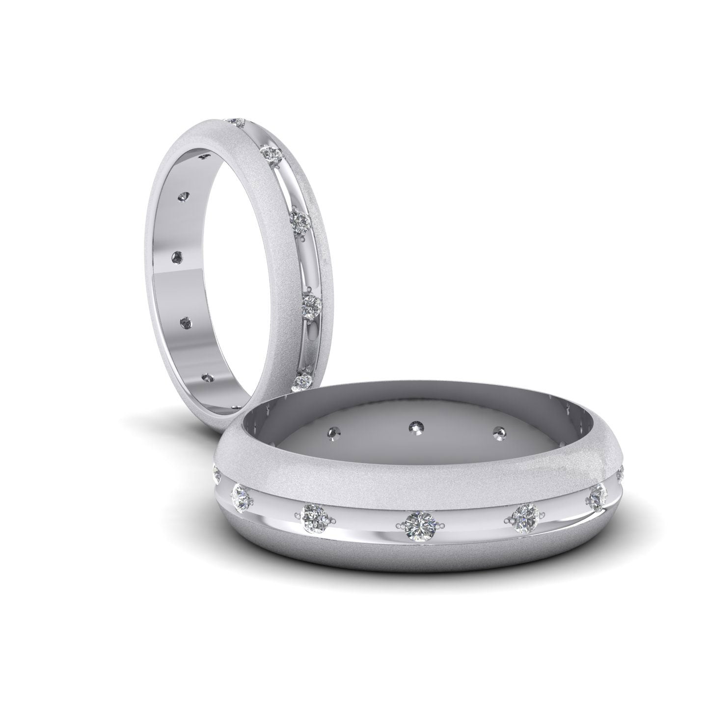 Wedding Ring With Concave Groove Set With Twelve Diamonds 4mm Wide In 14ct White Gold