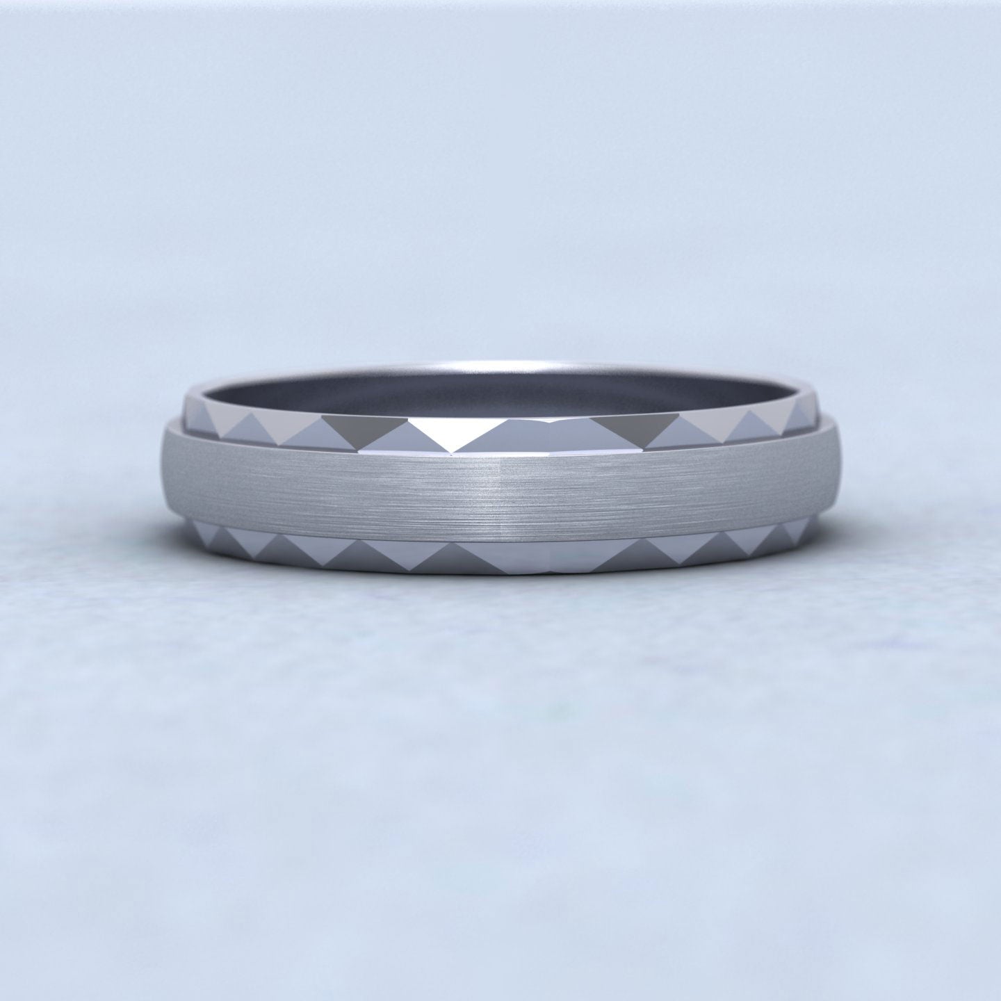Flat Edge Facetted Cut Patterned And Matt Finish 9ct White Gold 4mm Wedding Ring Down View