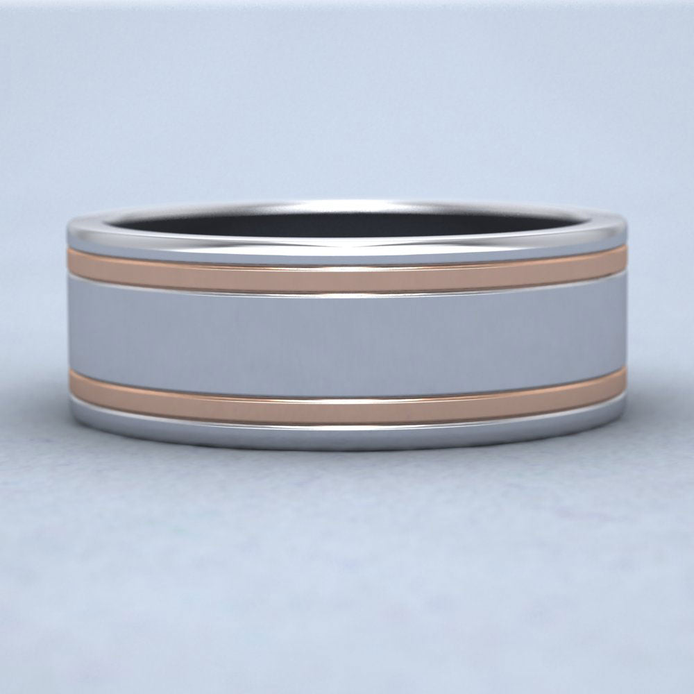 Two Colour Flush Double Line 18ct Rose And White Gold 8mm Wedding Ring Down View