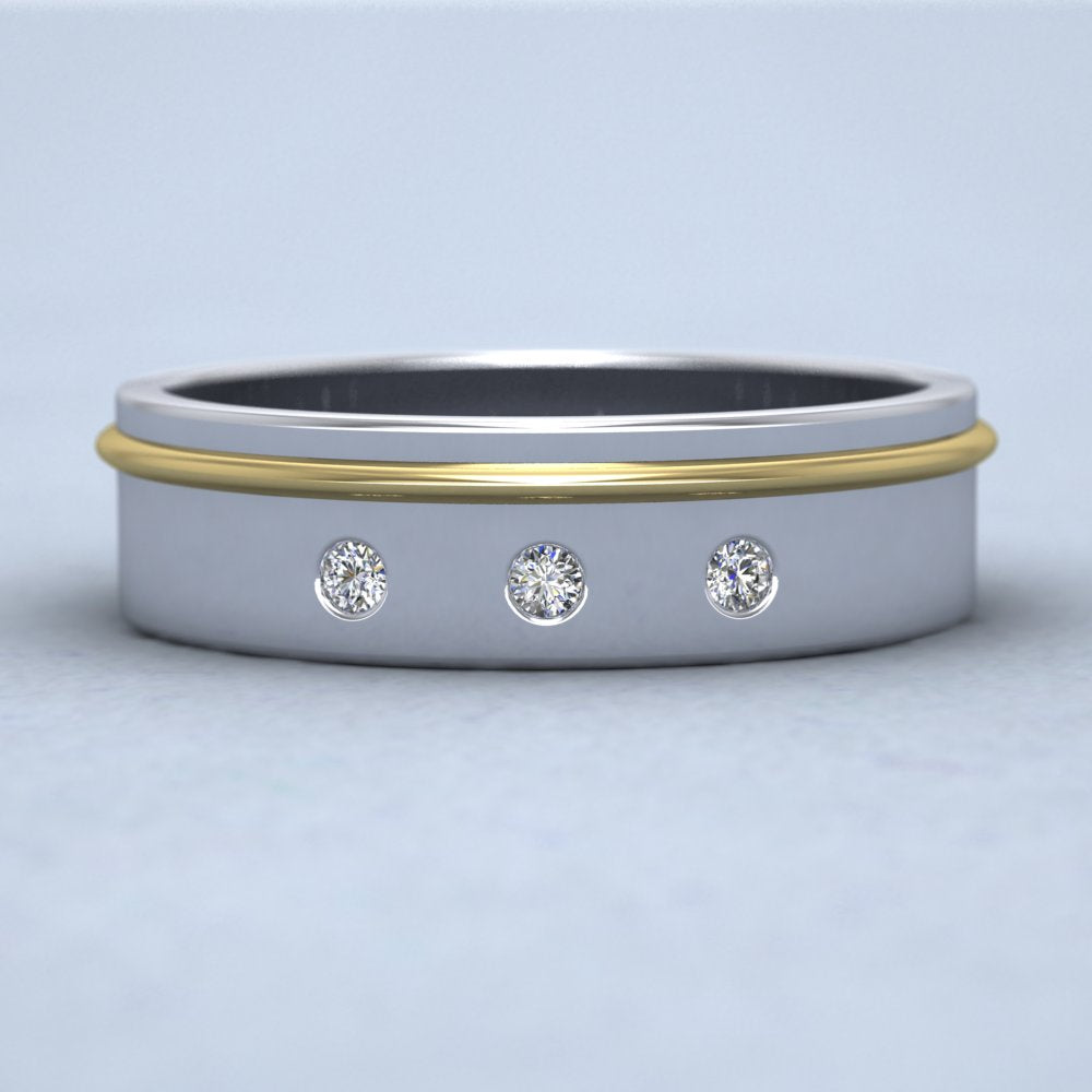 Asymmetric Raised Wire Two Colour Flat And Three Diamond 14ct White And Yellow Gold 6mm Wedding Ring