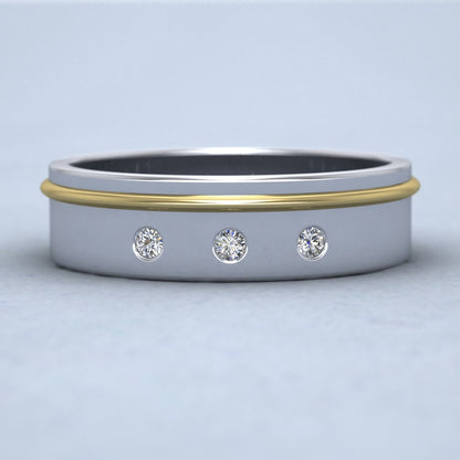 Asymmetric Raised Wire Two Colour Flat And Three Diamond 14ct White And Yellow Gold 6mm Wedding Ring