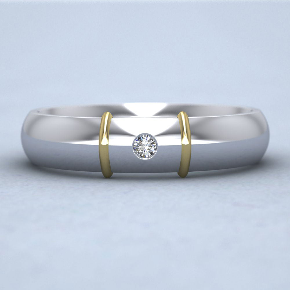 Two Colour Single Diamond Set 14ct White And Yellow Gold 5mm Wedding Ring With Wire Accent