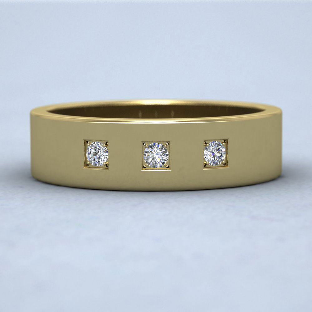 Three Diamonds With Square Setting 14ct Yellow Gold 6mm Wedding Ring Down View