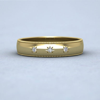 Millgrained Edge And Three Star Diamond Set 9ct Yellow Gold 4mm Wedding Ring Down View