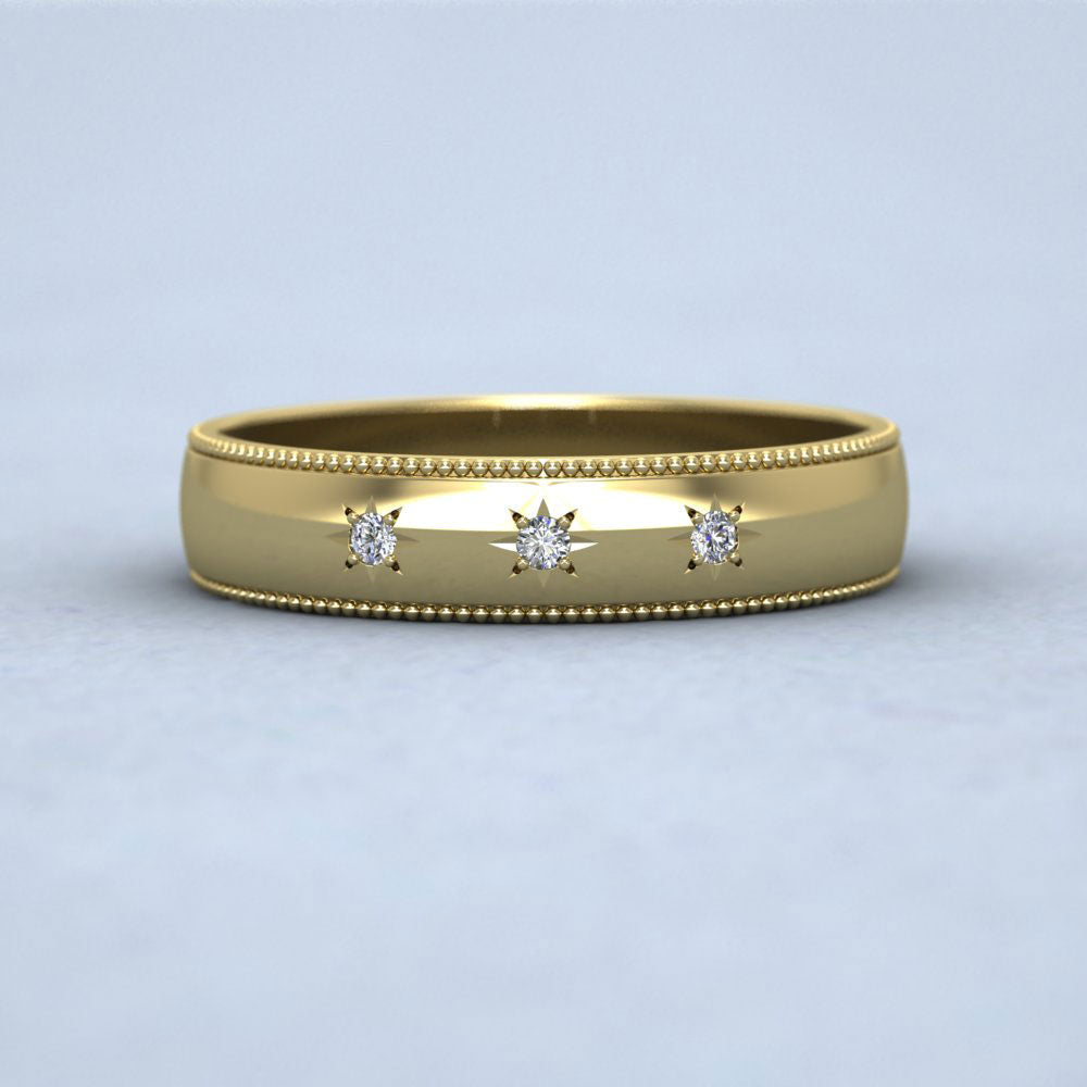 Millgrained Edge And Three Star Diamond Set 22ct Yellow Gold 4mm Wedding Ring Down View