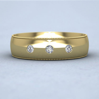 Diamond Set And Millgrain Edge 9ct Yellow Gold 6mm Wedding Ring