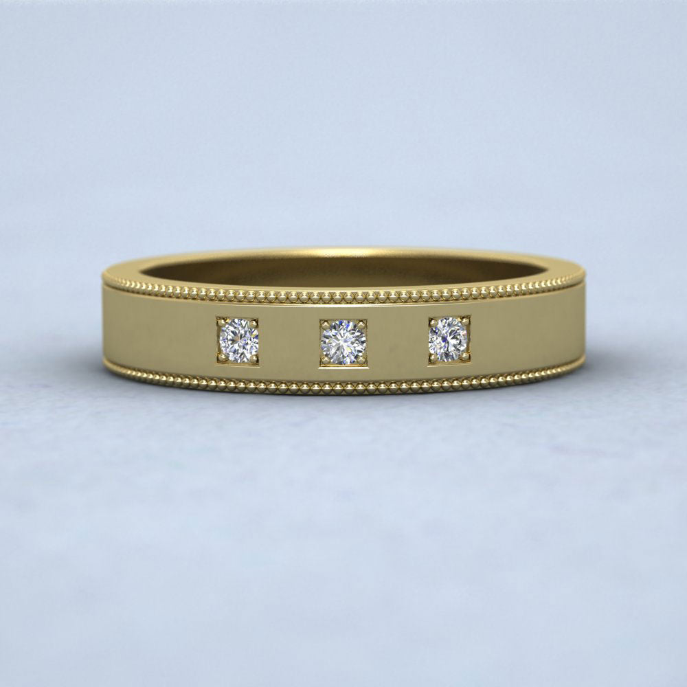 Three Diamonds With Square Setting 9ct Yellow Gold 4mm Wedding Ring With Millgrain Edge Down View