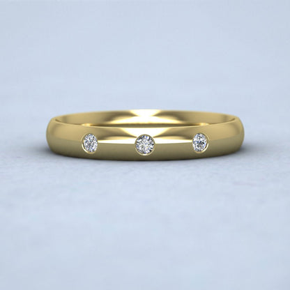 Three Diamond Flush Set 9ct Yellow Gold 3mm Wedding Ring Down View