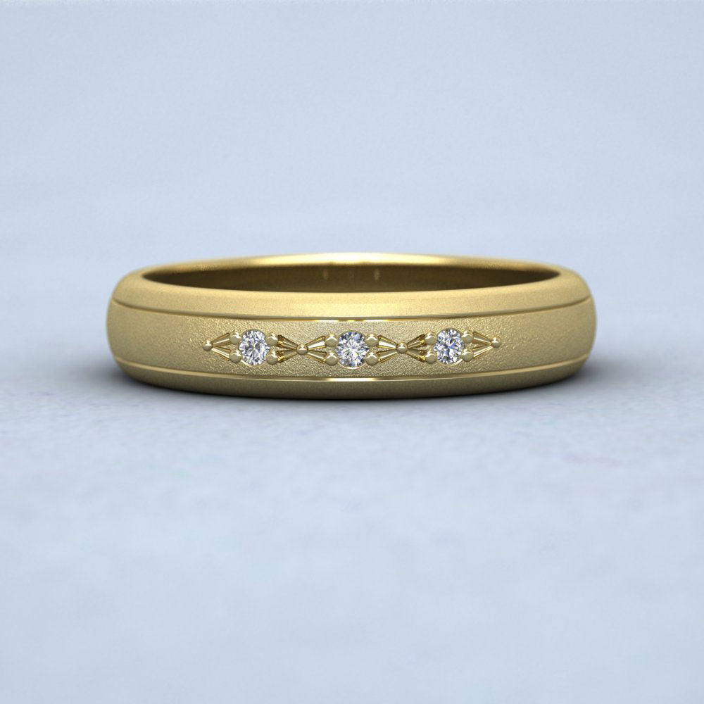 Three Diamond Set 9ct Yellow Gold 4mm Wedding Ring With Lines Down View
