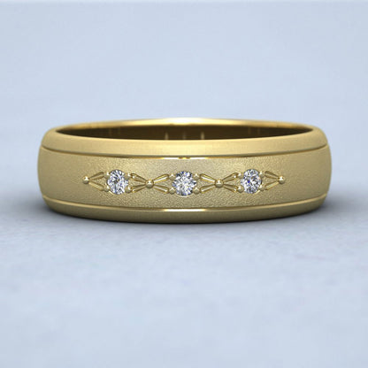 Three Diamond Set 9ct Yellow Gold 6mm Wedding Ring With Lines Down View